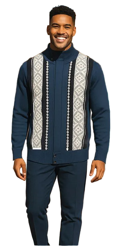Men's Fancy European Sweater Jacket By Silversilk Fashionable 11007 Indigo Blue