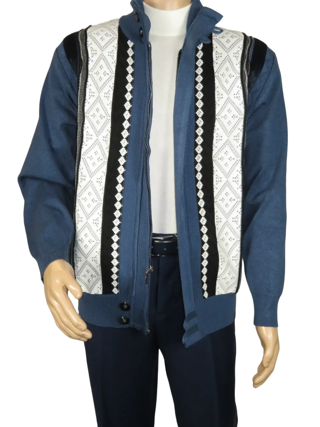 Men's Fancy European Sweater Jacket By Silversilk Fashionable 11007 Indigo Blue