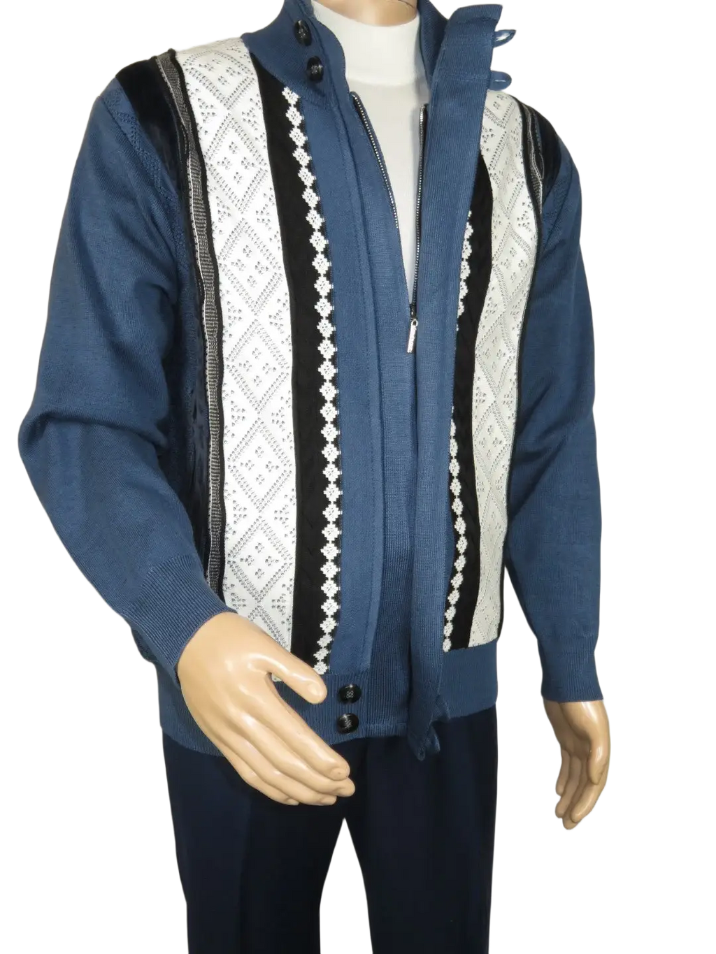 Men's Fancy European Sweater Jacket By Silversilk Fashionable 11007 Indigo Blue
