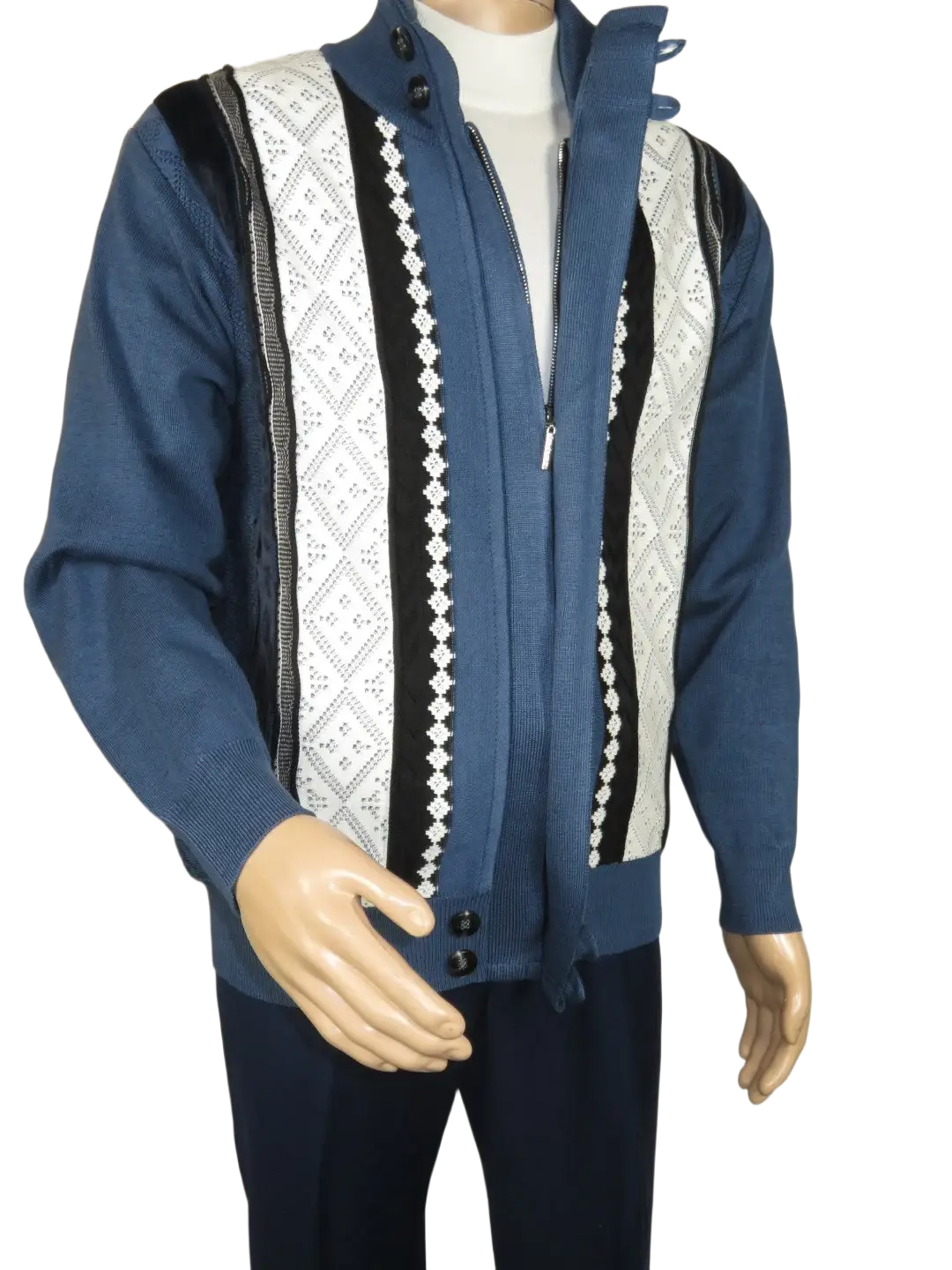 Men's Fancy European Sweater Jacket By Silversilk Fashionable 11007 Indigo Blue
