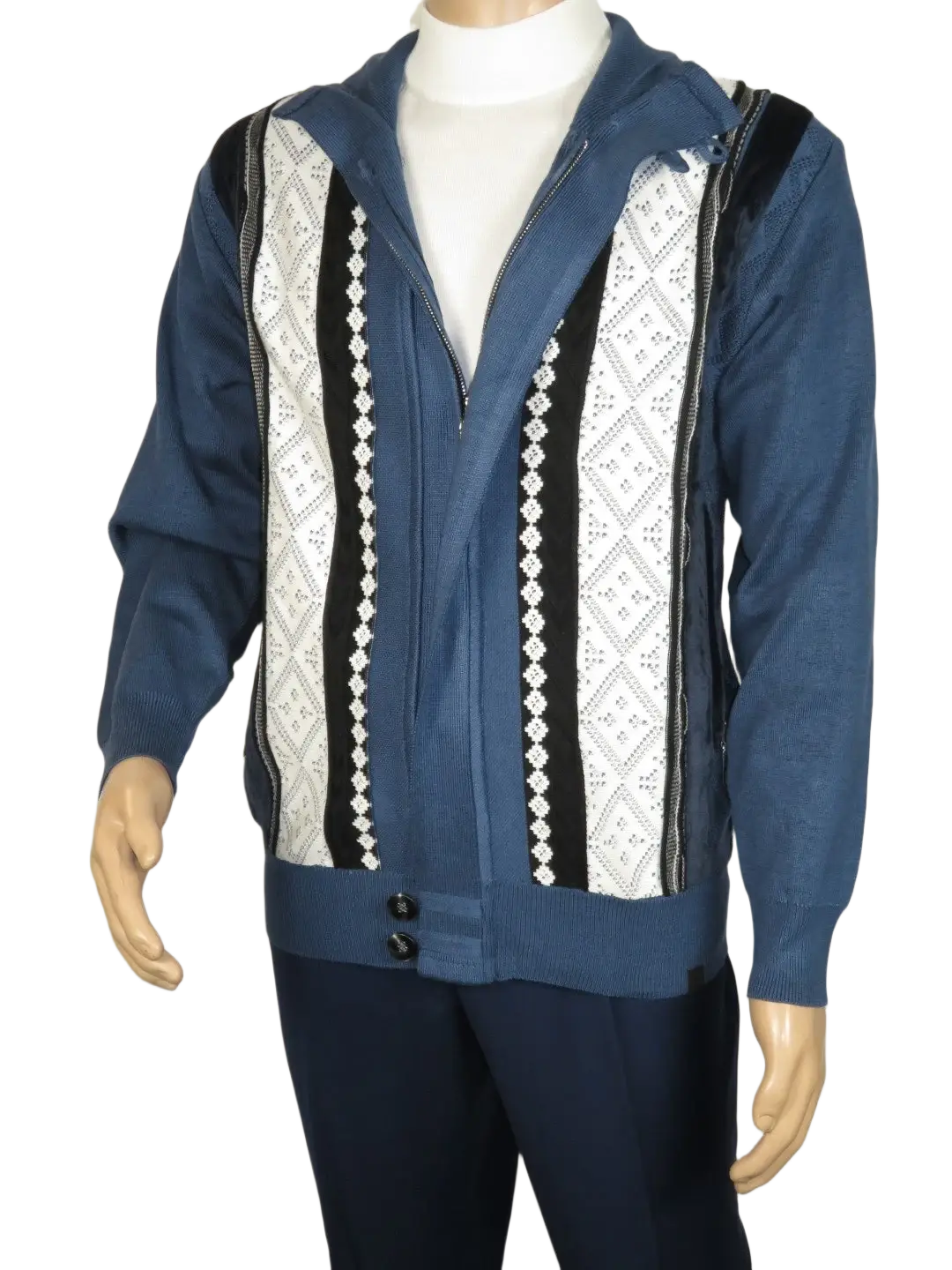 Men's Fancy European Sweater Jacket By Silversilk Fashionable 11007 Indigo Blue