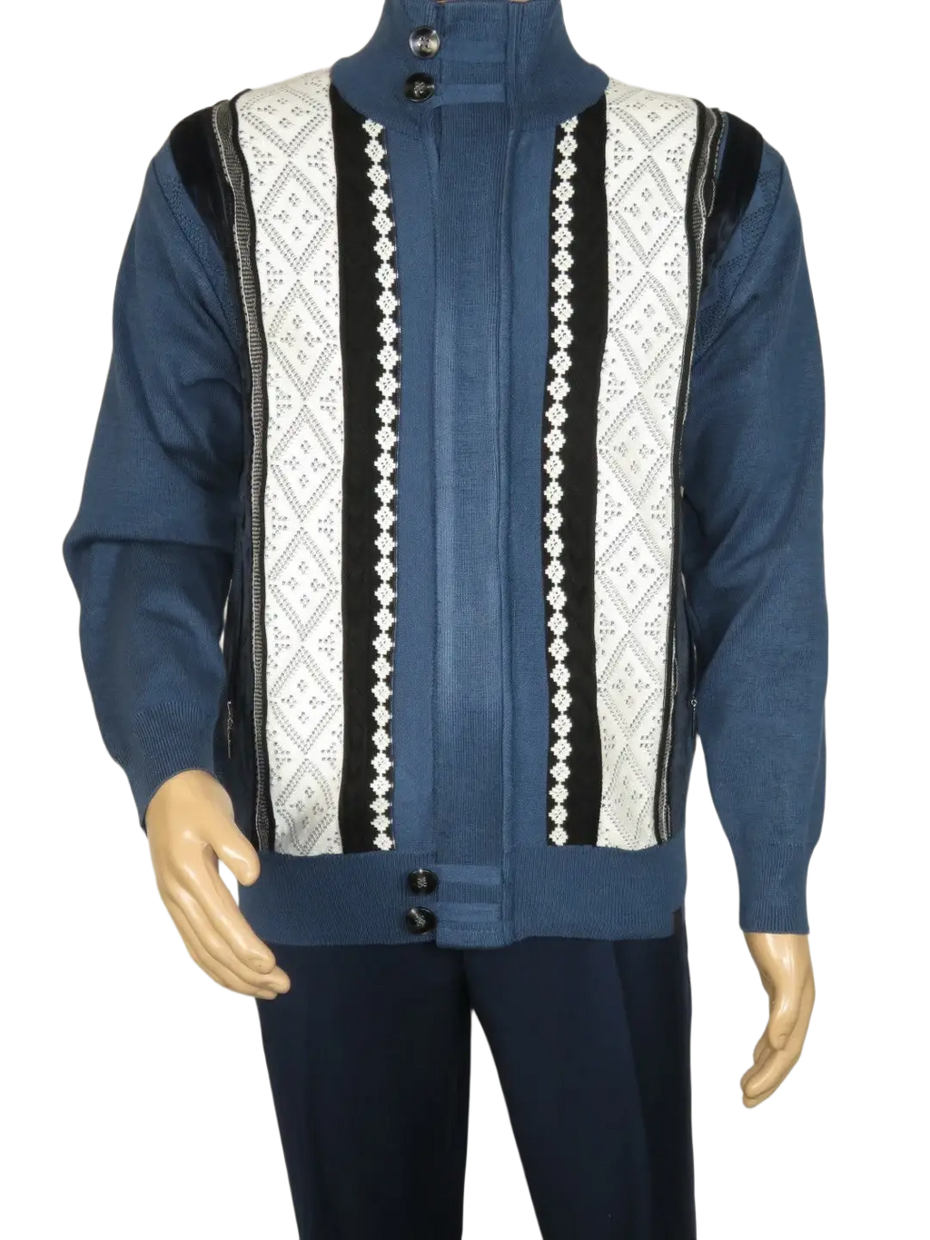 Men's Fancy European Sweater Jacket By Silversilk Fashionable 11007 Indigo Blue