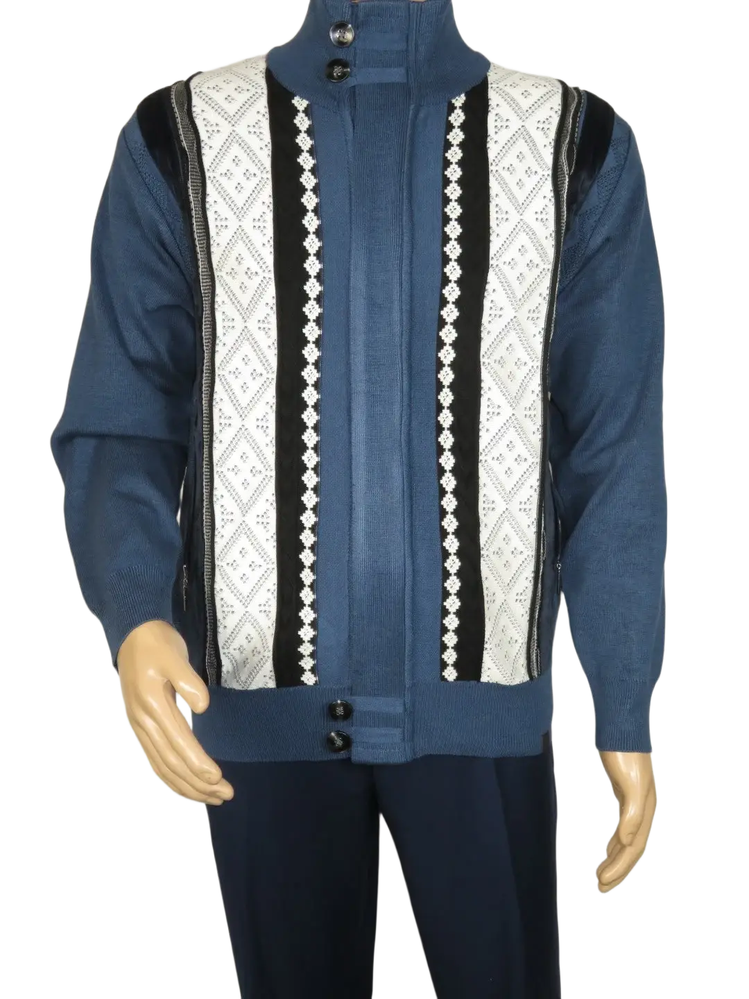 Men's Fancy European Sweater Jacket By Silversilk Fashionable 11007 Indigo Blue