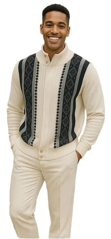 Men's Fancy European Sweater Jacket By Silversilk Fashionable 11007 Cream