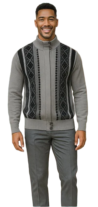 Men's Fancy European Sweater Jacket By Silversilk Fashionable 11007 Gray