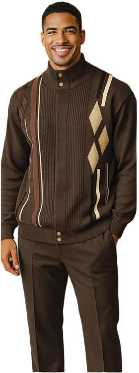 Men's Fancy European Sweater Jacket By Silversilk Fashionable 11009 Brown