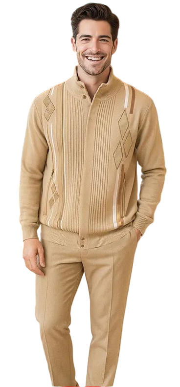 Men's Fancy European Sweater Jacket By Silversilk Fashionable 11009 Tan