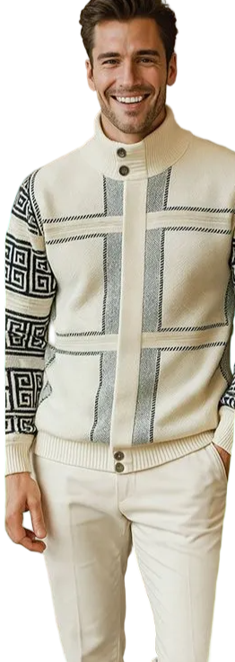 Men's Fancy European Sweater Jacket By Silversilk Fashionable 11012 Cream