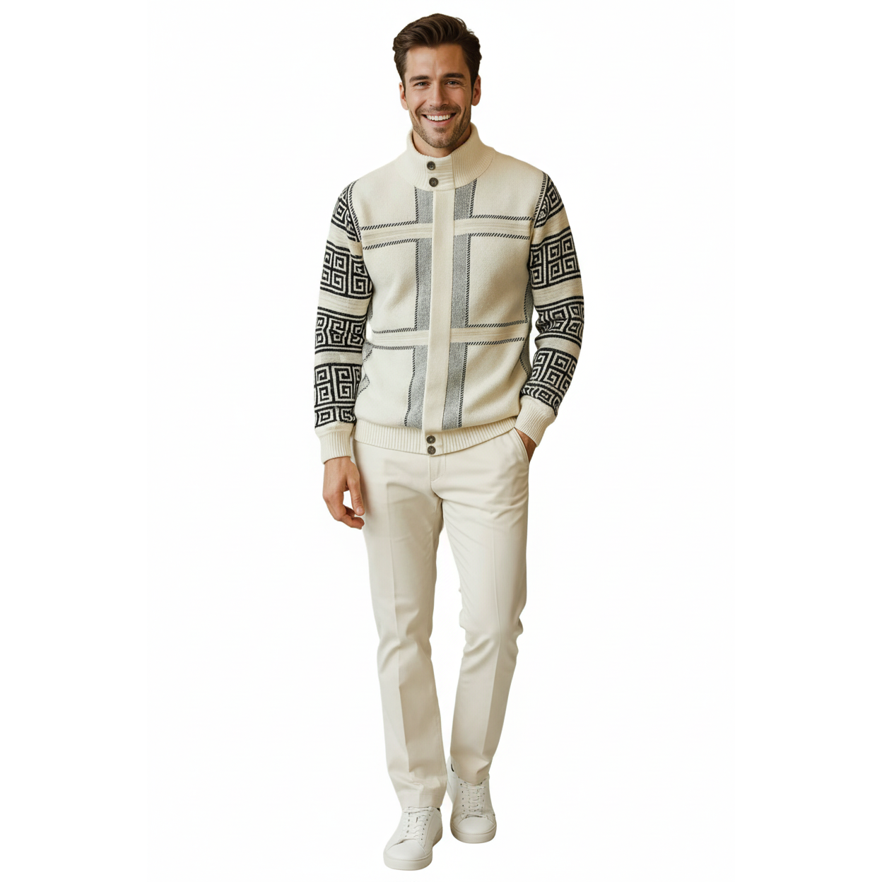 Men's Fancy European Sweater Jacket By Silversilk Fashionable 11012 Cream