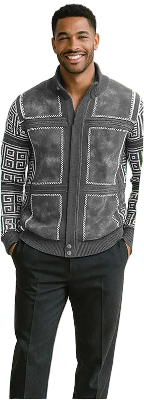 Men's Fancy European Sweater Jacket By Silversilk Fashionable 11012 Gray