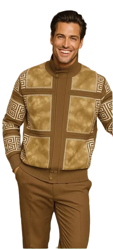 Men's Fancy European Sweater Jacket By Silversilk Fashionable 11012 Tan