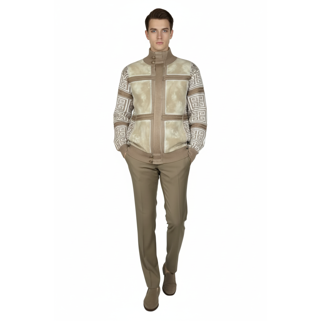 Men's Fancy European Sweater Jacket By Silversilk Fashionable 11012 Tan