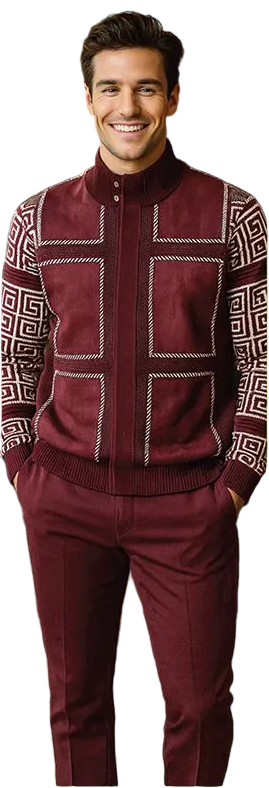 Men's Fancy European Sweater Jacket By Silversilk Fashionable 11012 Wine