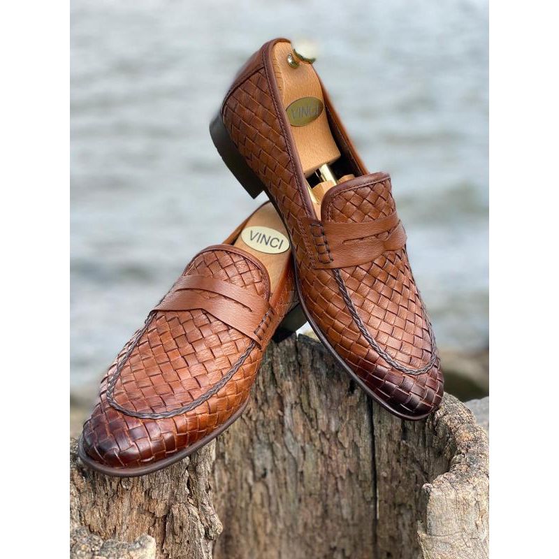 Vinci The Grand Woven Leather Tan Men Shoe Penny Loafer