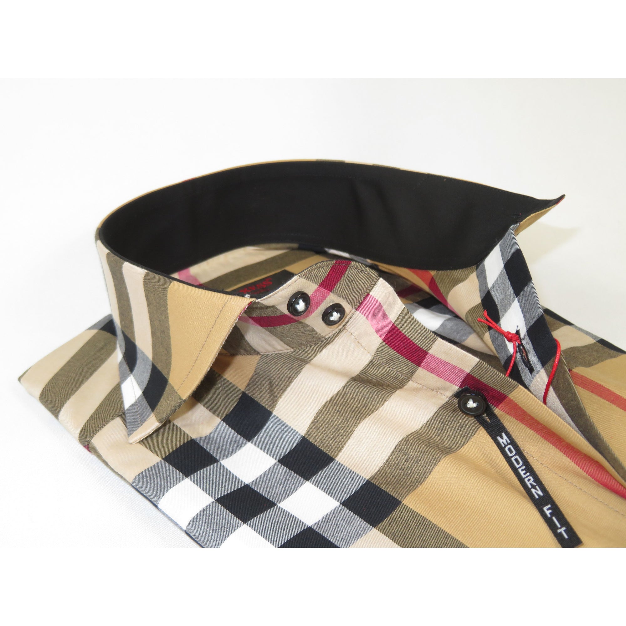 Men's AXXESS Turkey English Plaid Shirt 100% Soft Cotton High Collar 120-09 Tan