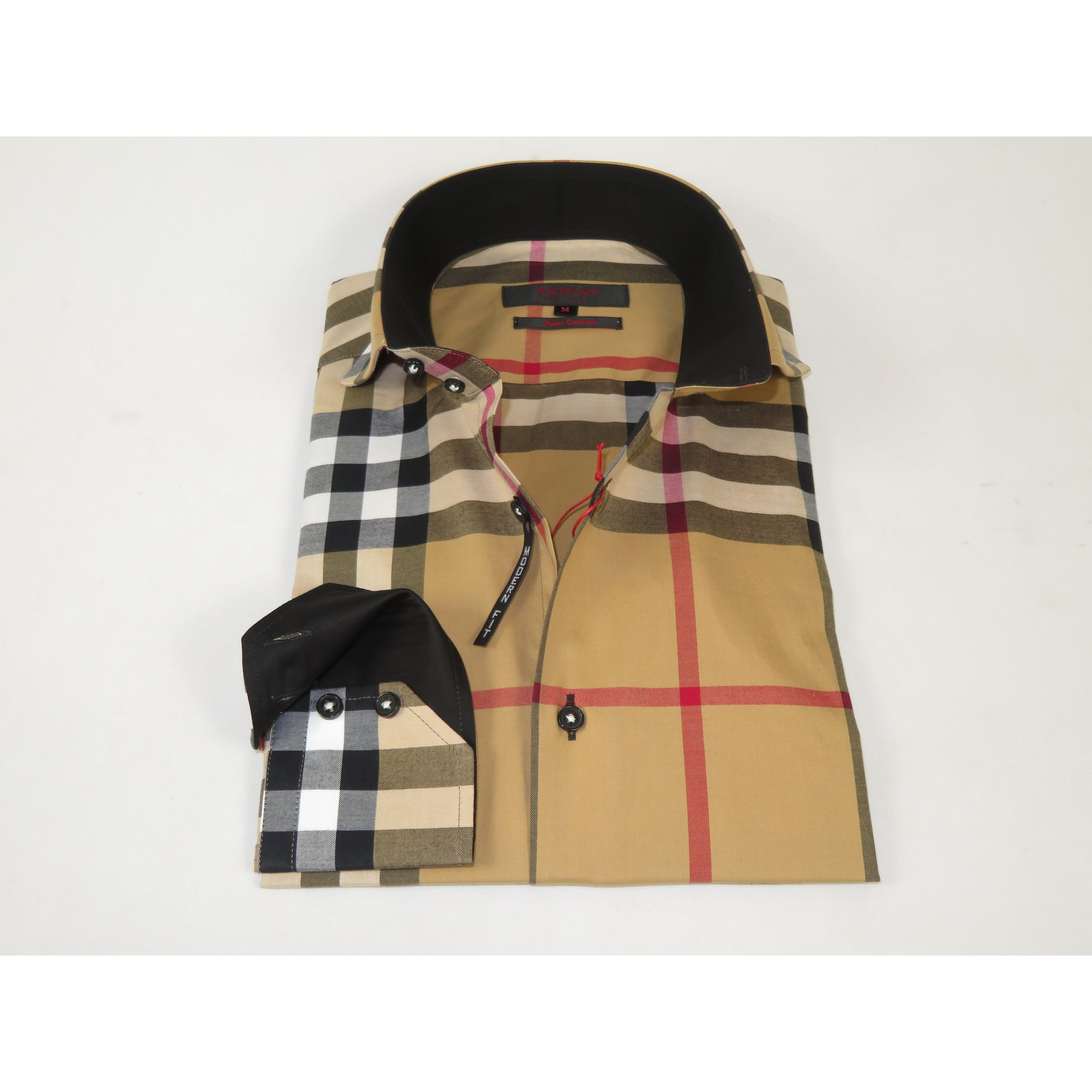 Men's AXXESS Turkey English Plaid Shirt 100% Soft Cotton High Collar 120-09 Tan