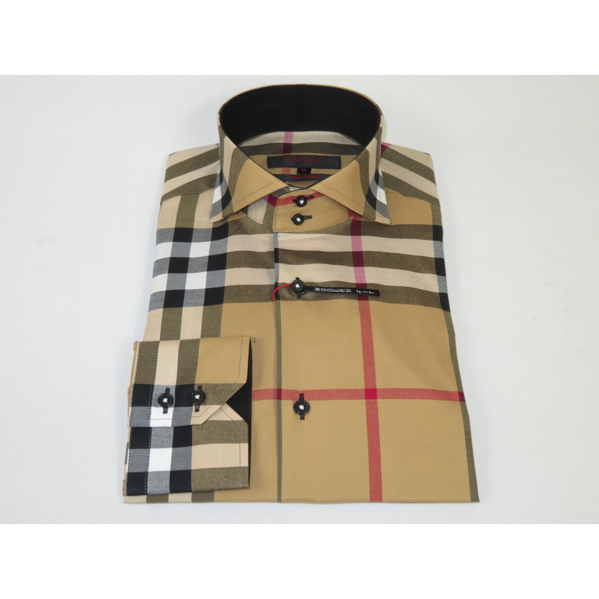 Men's AXXESS Turkey English Plaid Shirt 100% Soft Cotton High Collar 120-09 Tan