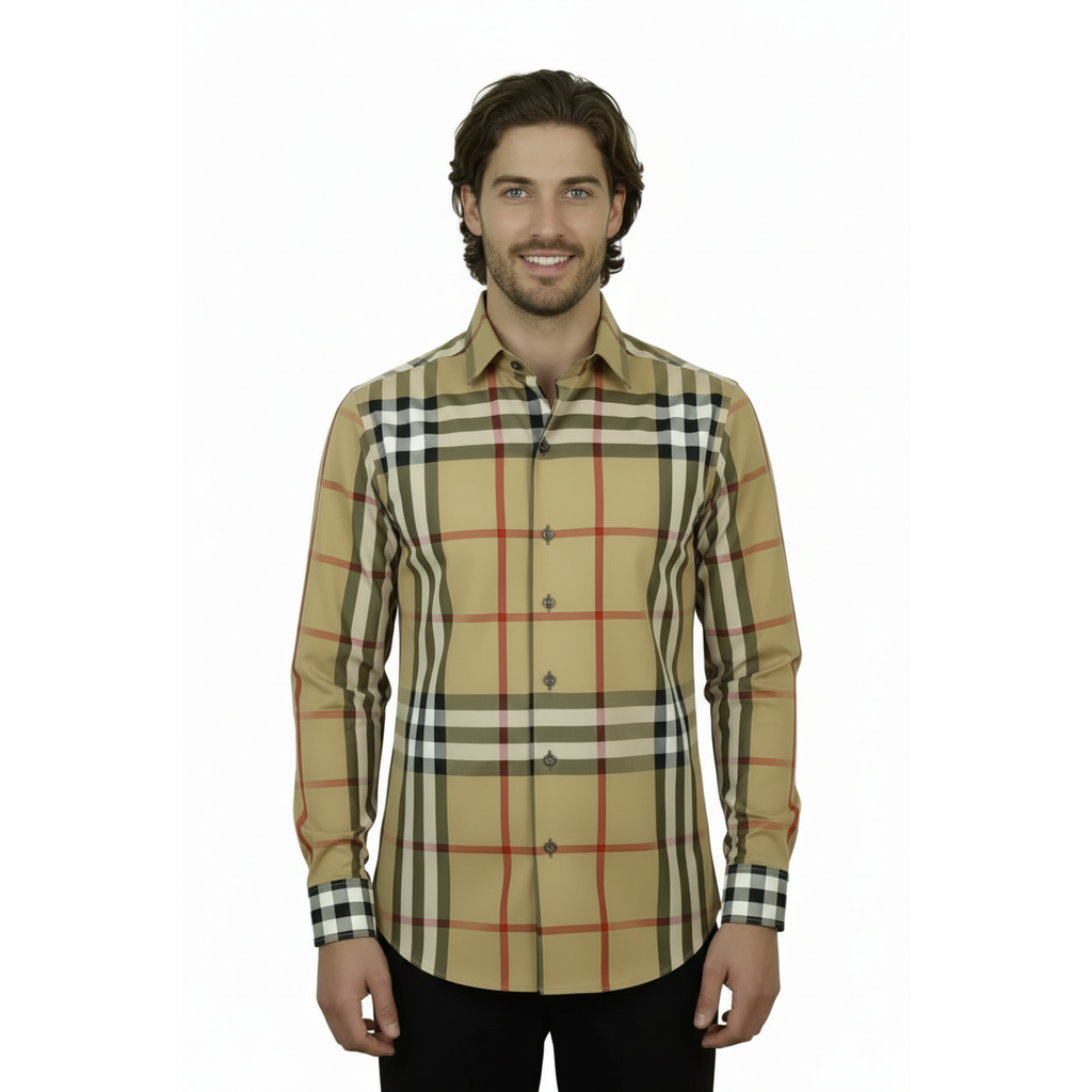 Men's AXXESS Turkey English Plaid Shirt 100% Soft Cotton High Collar 120-09 Tan
