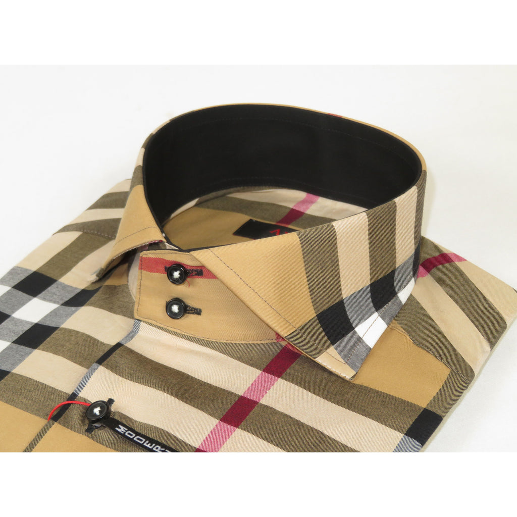 Men's AXXESS Turkey English Plaid Shirt 100% Soft Cotton High Collar 120-09 Tan