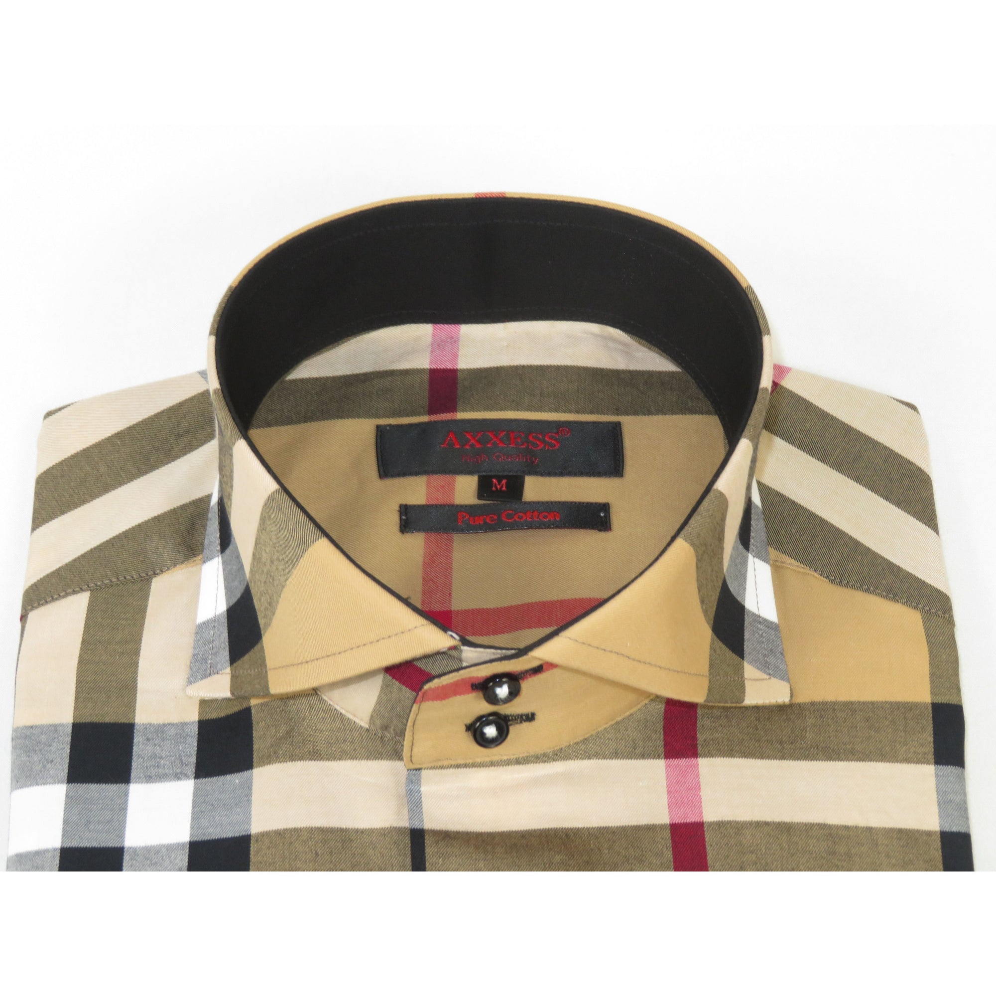 Men's AXXESS Turkey English Plaid Shirt 100% Soft Cotton High Collar 120-09 Tan