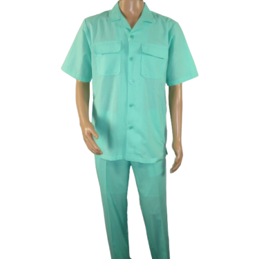 Men Stacy Adams Linen 2pc Walking Leisure Suit Shirt pants set 3510 Seafoam teal
