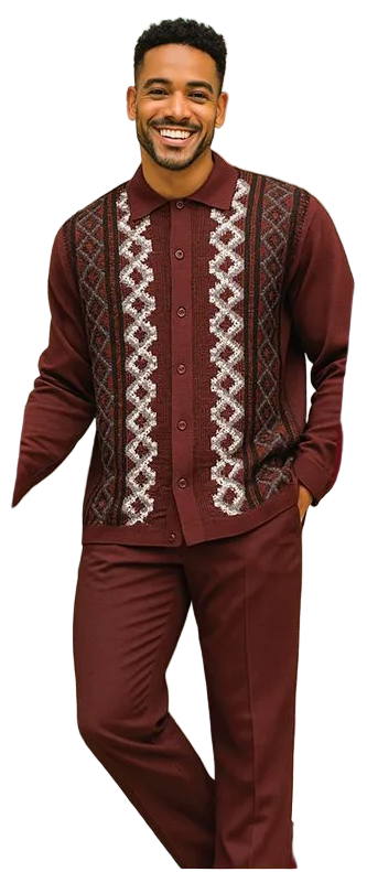 Men Silversilk 2pc Fancy walking leisure suit Italian woven knits 14010 Wine Fig
