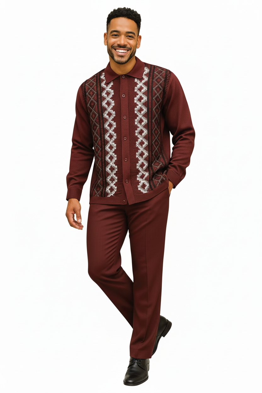 Men Silversilk 2pc Fancy walking leisure suit Italian woven knits 14010 Wine Fig