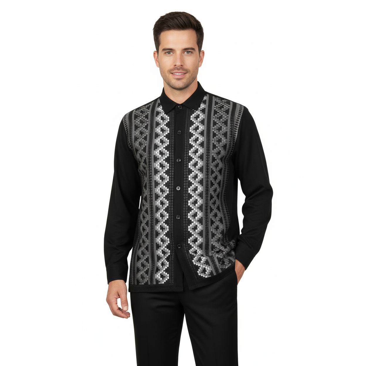 Men Silversilk 2pc Fancy walking leisure suit Italian woven knits 14010 Black