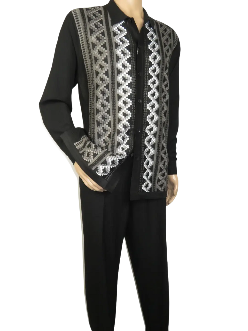 Men Silversilk 2pc Fancy walking leisure suit Italian woven knits 14010 Black