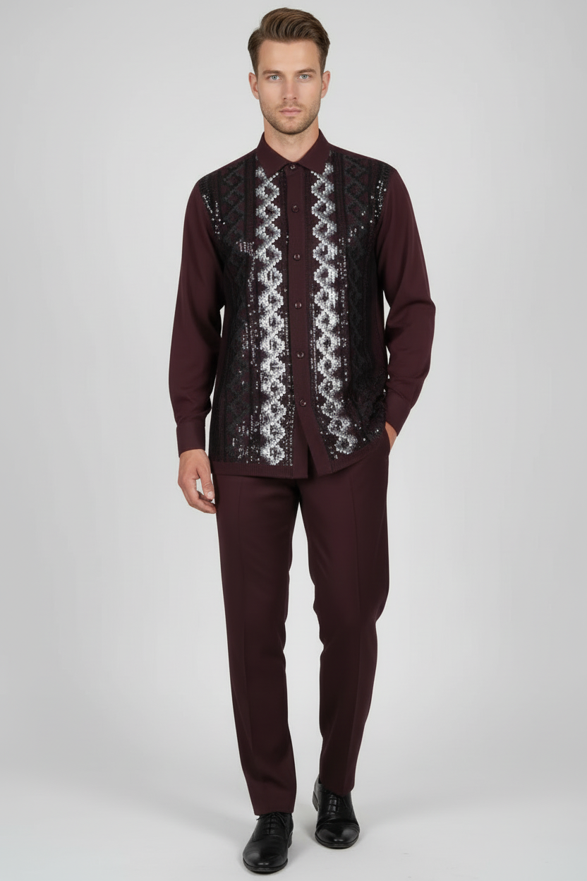 Men Silversilk 2pc Fancy walking leisure suit Italian woven knits 14010 Wine Fig