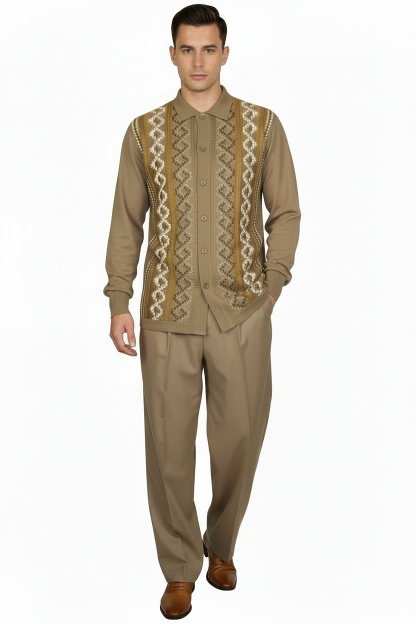 Men Silversilk 2pc Fancy walking leisure suit Italian woven knits 14010 Taupe