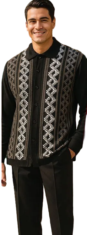 Men Silversilk 2pc Fancy walking leisure suit Italian woven knits 14010 Black