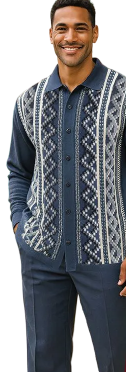 Men Silversilk 2pc Fancy walking leisure suit Italian woven knits 14010 Blue