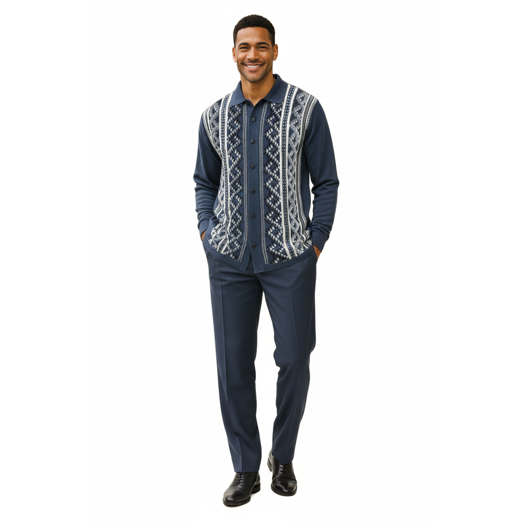 Men Silversilk 2pc Fancy walking leisure suit Italian woven knits 14010 Blue