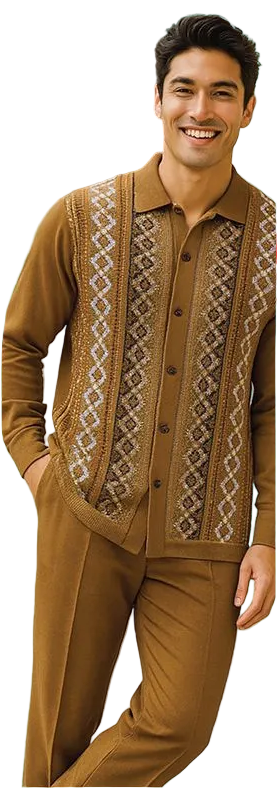 Men Silversilk 2pc Fancy walking leisure suit Italian woven knits 14010 Taupe