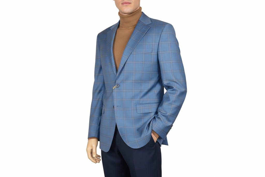Men's Mono Turkey Sport Coat 100% Super 180s Wool 1480-01 Blue Plaid