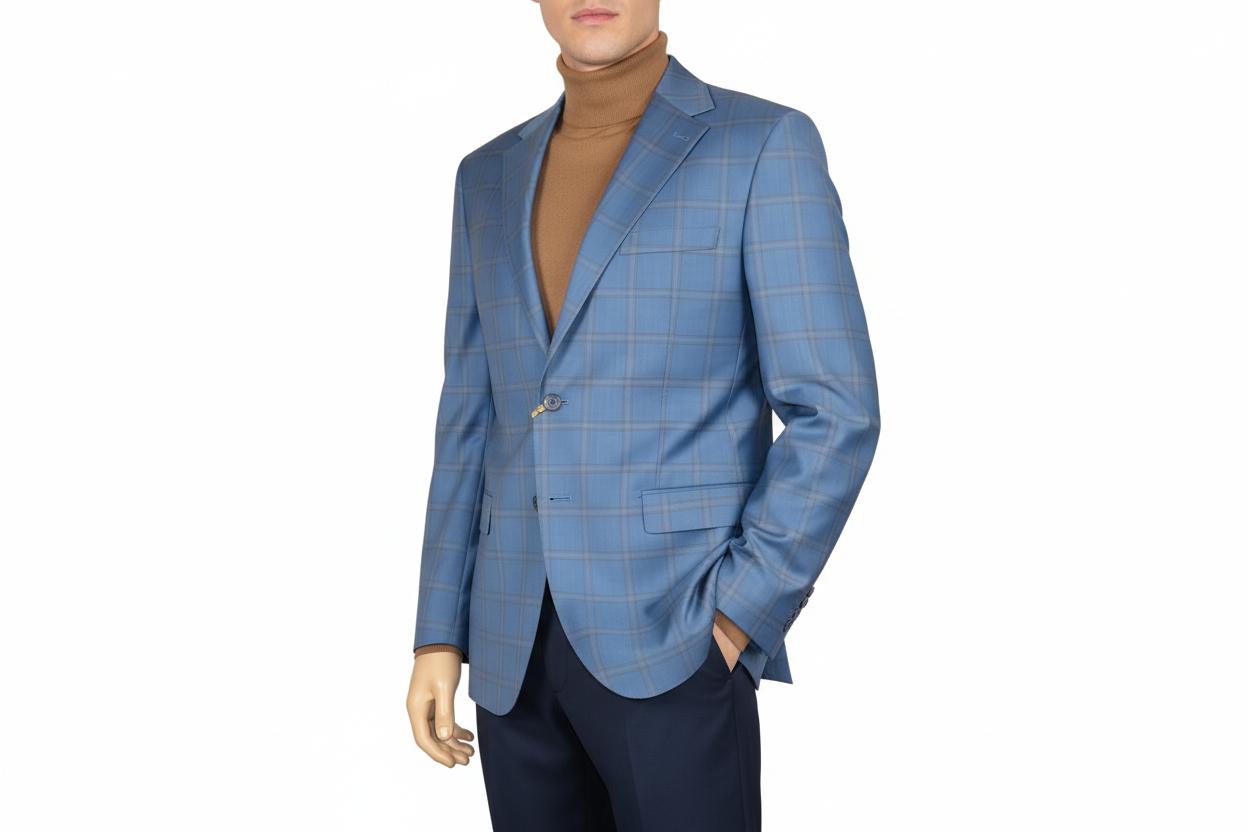 Men's Mono Turkey Sport Coat 100% Super 180s Wool 1480-01 Blue Plaid