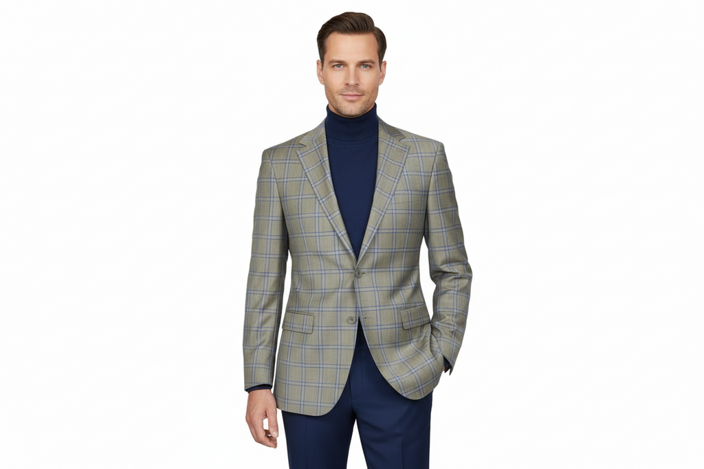 Men's Mono Turkey Sport Coat 100% Super 180s Wool 1480-02 Tan Blue Plaid