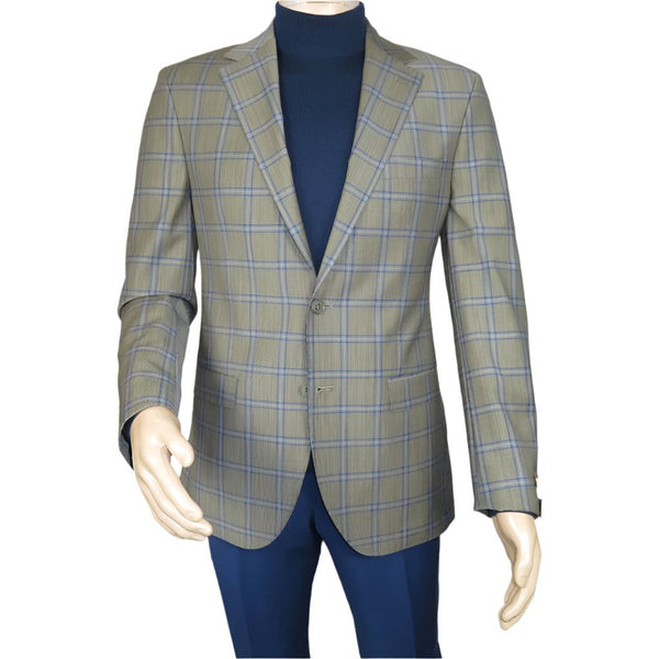 Men's Mono Turkey Sport Coat 100% Super 180s Wool 1480-02 Tan Blue Plaid