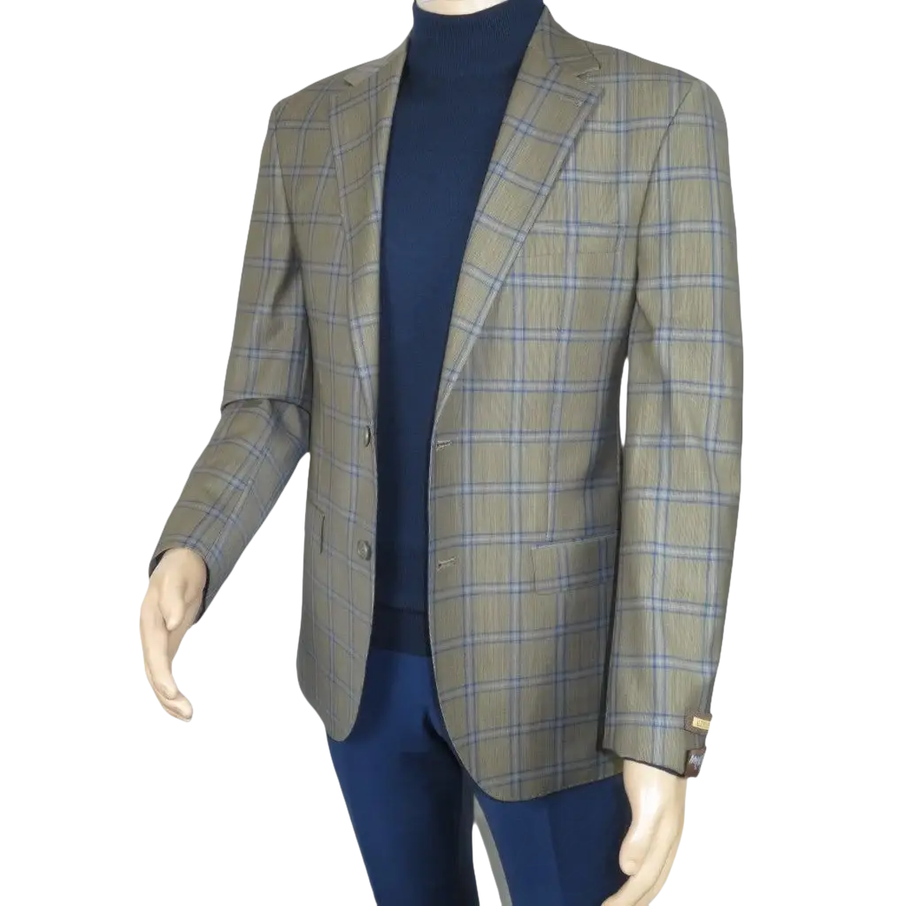 Men's Mono Turkey Sport Coat 100% Super 180s Wool 1480-02 Tan Blue Plaid