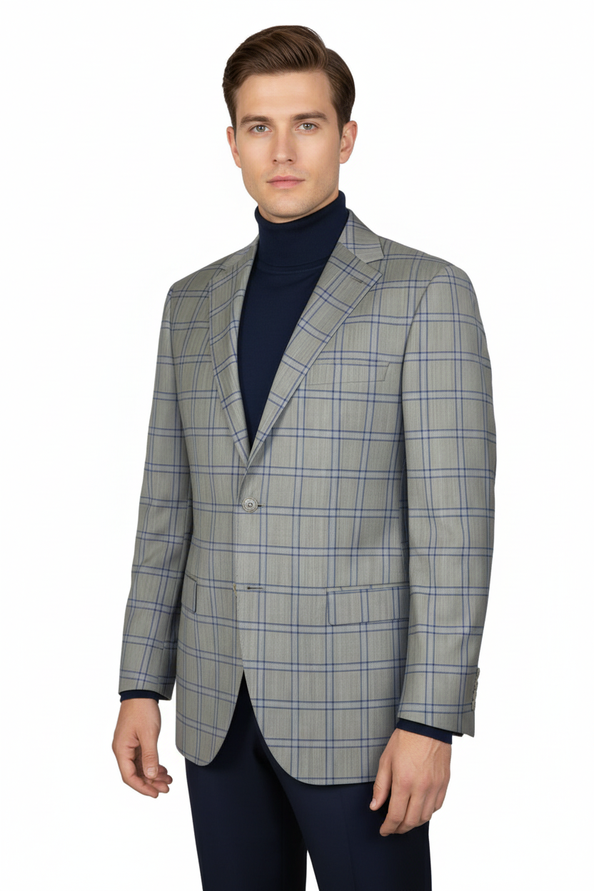 Men's Mono Turkey Sport Coat 100% Super 180s Wool 1480-03 Gray Blue Plaid