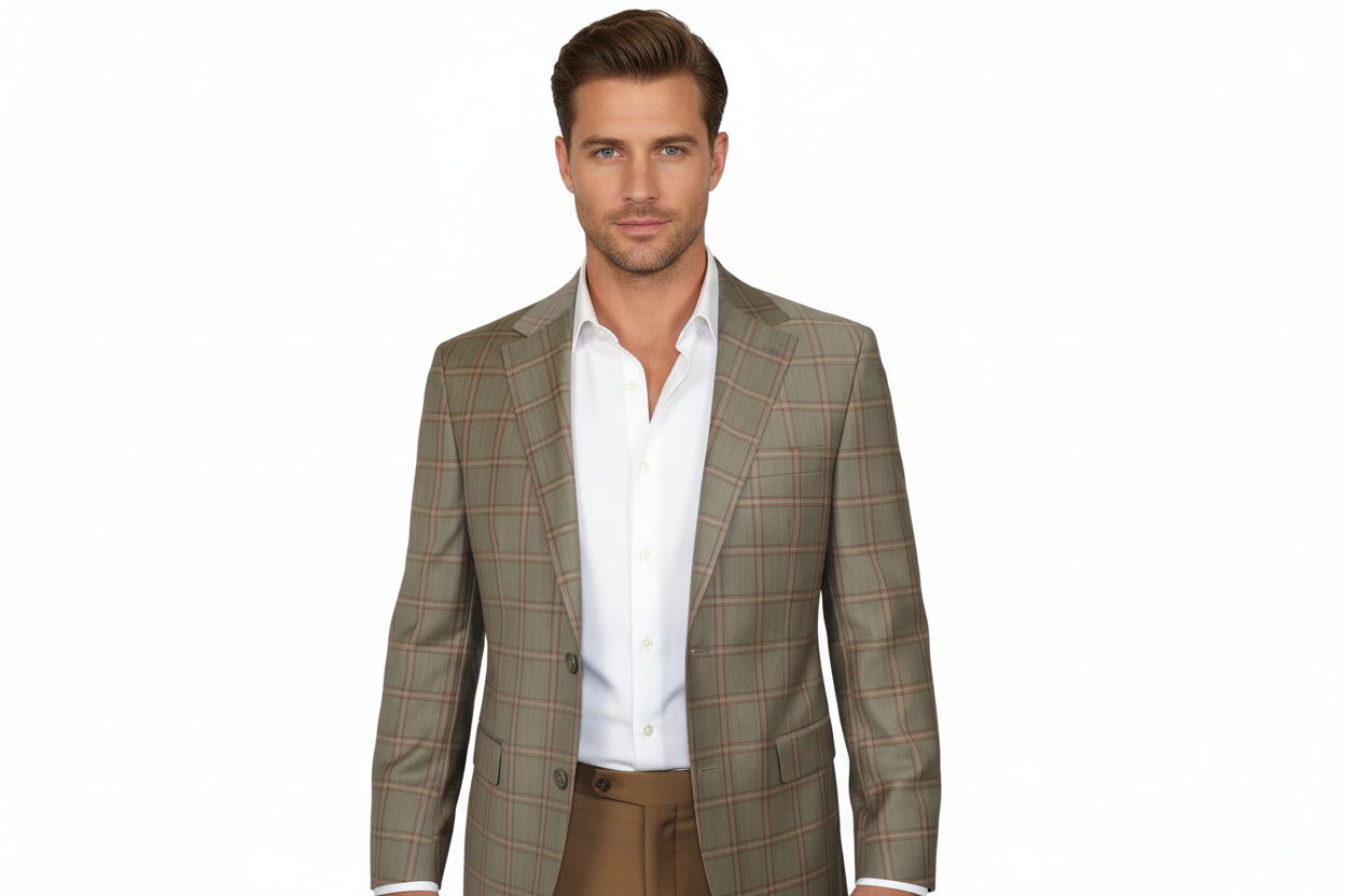 Men's Mono Turkey Sport Coat 100% Super 180s Wool 1480-04 Tan Brown Plaid