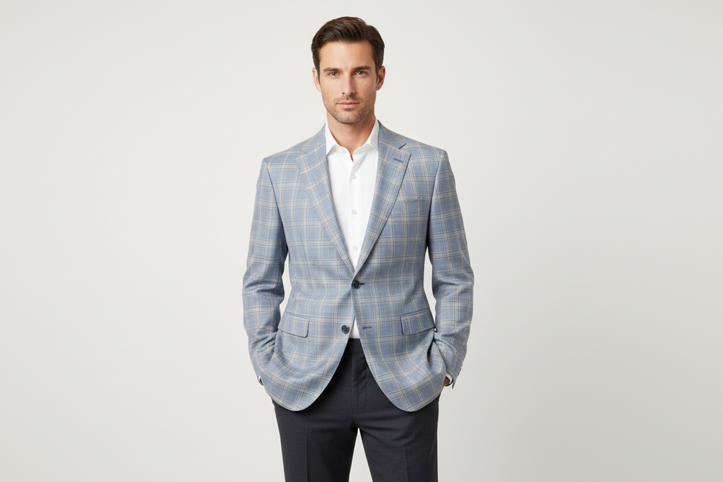 Men's Mono Turkey Sport Coat 100% Super 180s Wool 1522-02 Blue Brown Plaid