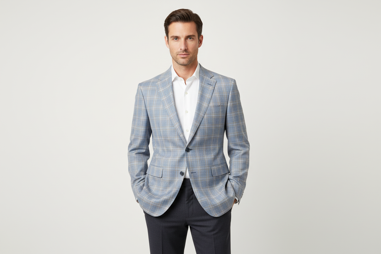 Men's Mono Turkey Sport Coat 100% Super 180s Wool 1522-02 Blue Brown Plaid