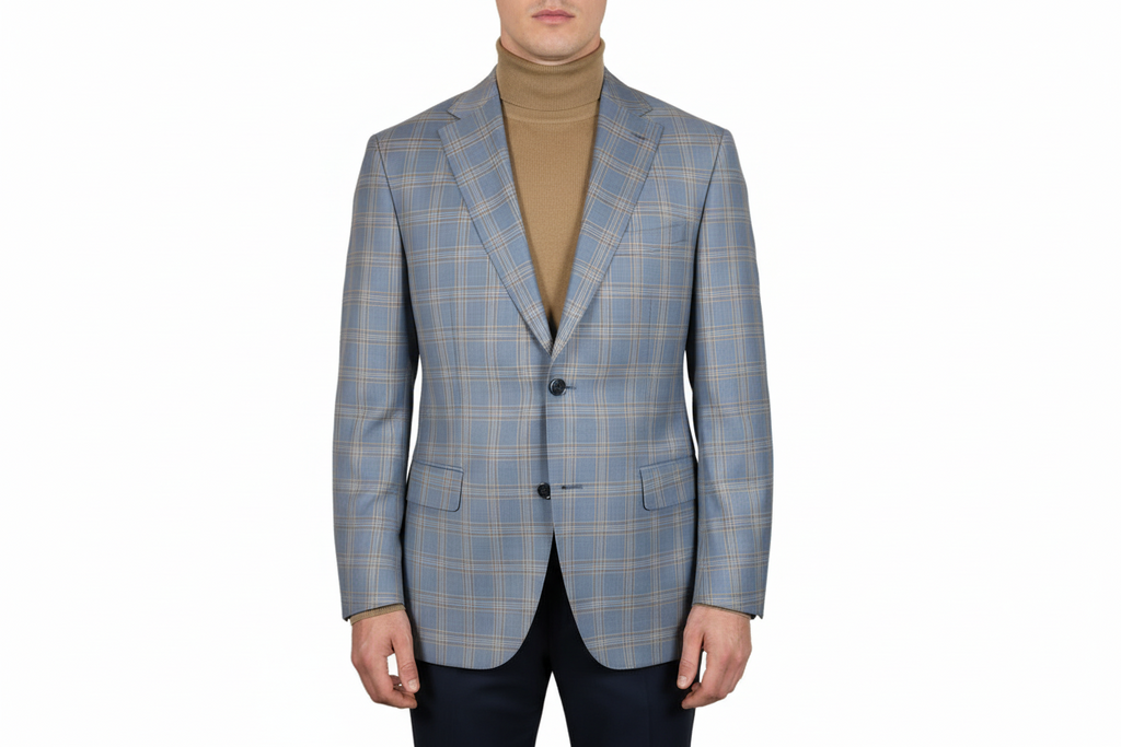 Men's Mono Turkey Sport Coat 100% Super 180s Wool 1522-02 Blue Brown Plaid