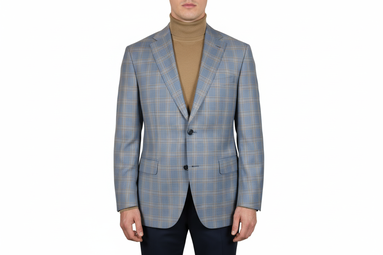 Men's Mono Turkey Sport Coat 100% Super 180s Wool 1522-02 Blue Brown Plaid