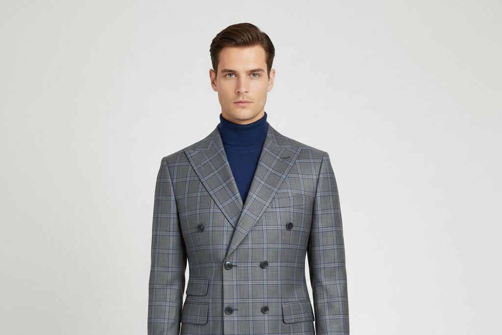 Men's Mono Double Breasted Blazer Super 180s Wool 1523-01 Gray Blue Plaid