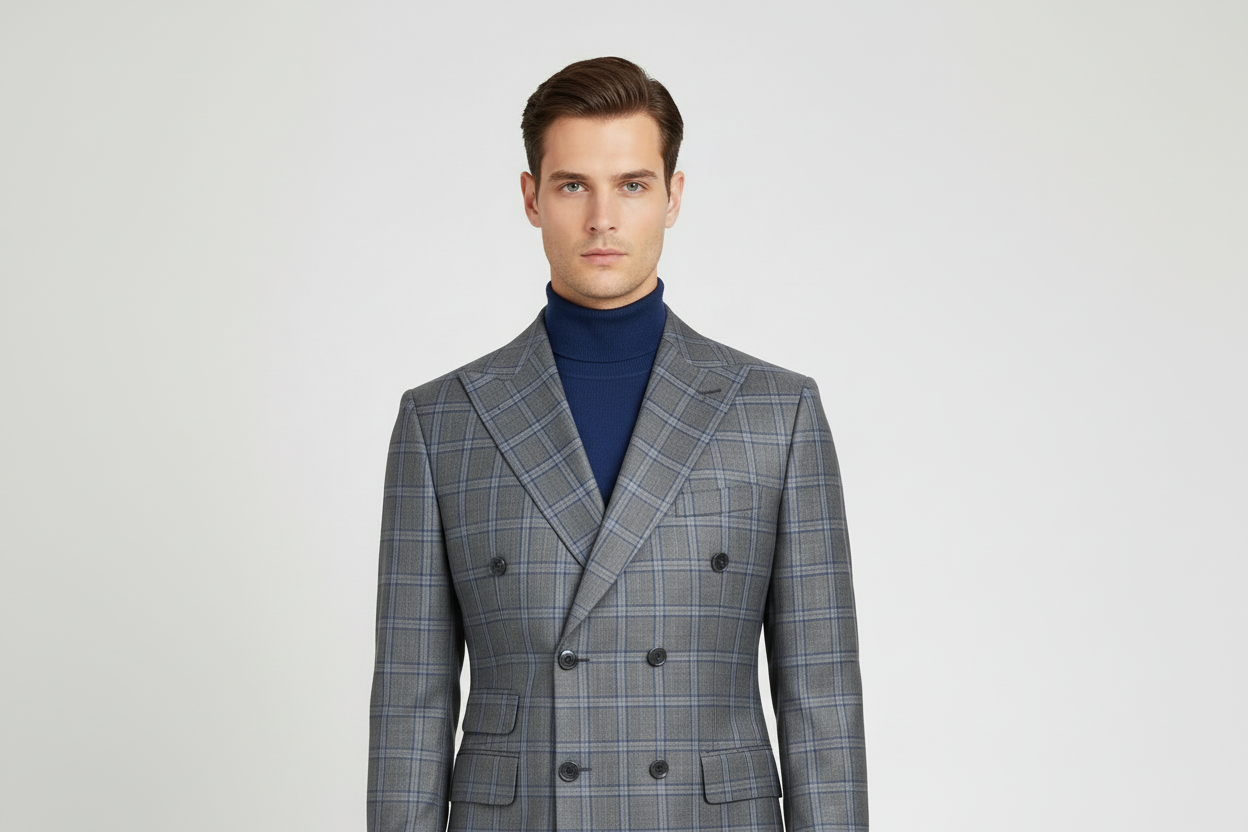 Men's Mono Double Breasted Blazer Super 180s Wool 1523-01 Gray Blue Plaid