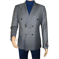 Men's Mono Double Breasted Blazer Super 180s Wool 1523-01 Gray Blue Plaid