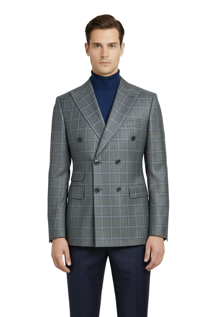 Men's Mono Double Breasted Blazer Super 180s Wool 1523-01 Gray Blue Plaid